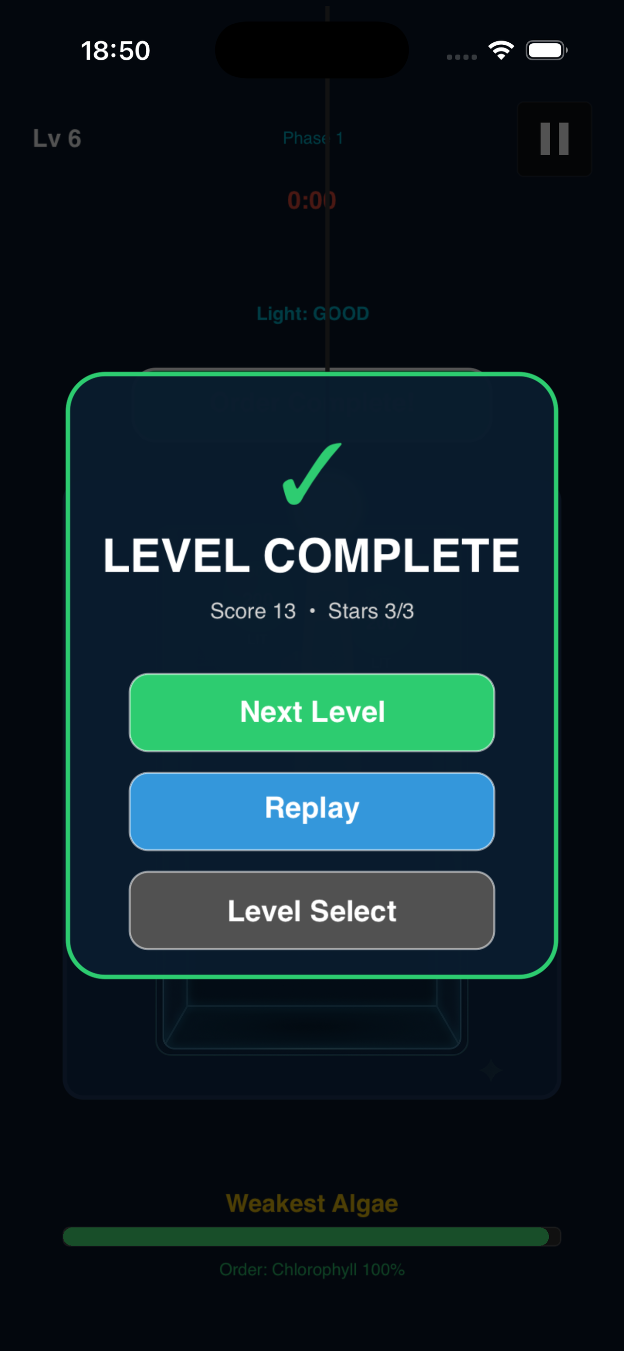 Algae World level complete screen
